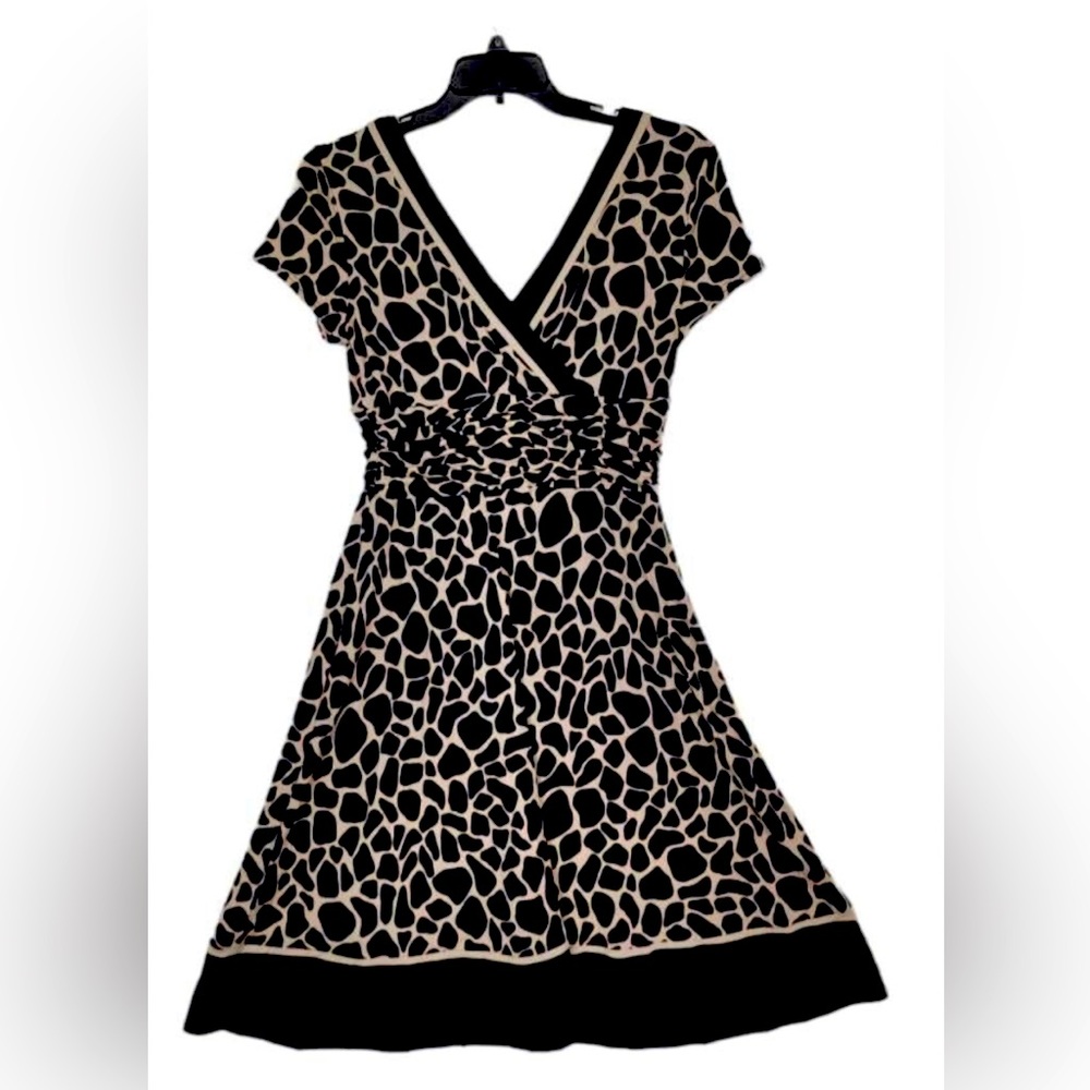 Studio I Animal Print Black/Cream Fit & Flare Faux Wrap Pull Over Cap Sleeve 4P